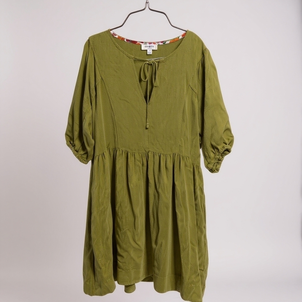 Umgee Green Linen Blend Midi Dress with Tie Neck Small